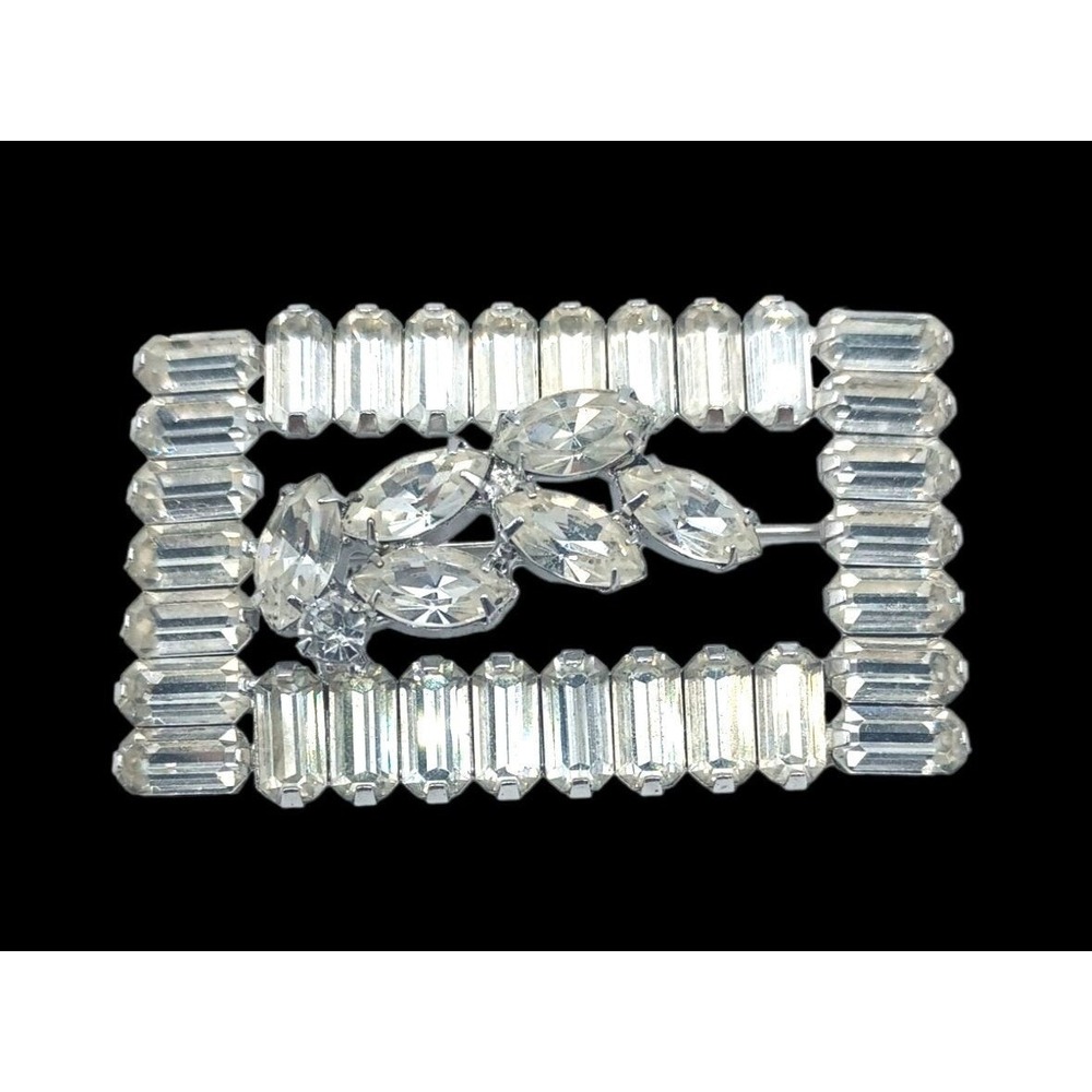 Vintage Clear Rhinestone Brooch Picture Frame Shadow Box Costume Jewelry